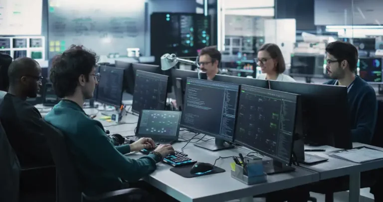 Ein Team von Ingenieuren programmiert an Schreibtischen mit mehreren Monitoren in einem Serverraum bei gedimmter blauer Beleuchtung im Hintergrund.