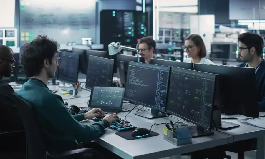 Team of engineers coding at desks with multiple monitors in a server room by dim blue lighting in the background.