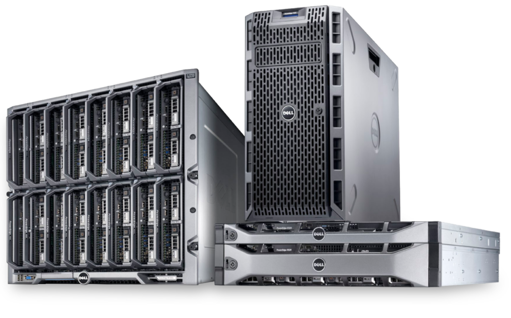 Ensemble de matériel serveur Dell PowerEdge comprenant un châssis à lames avec plusieurs lames remplaçables à chaud et une unité de stockage montée en rack, présenté sur un fond noir.