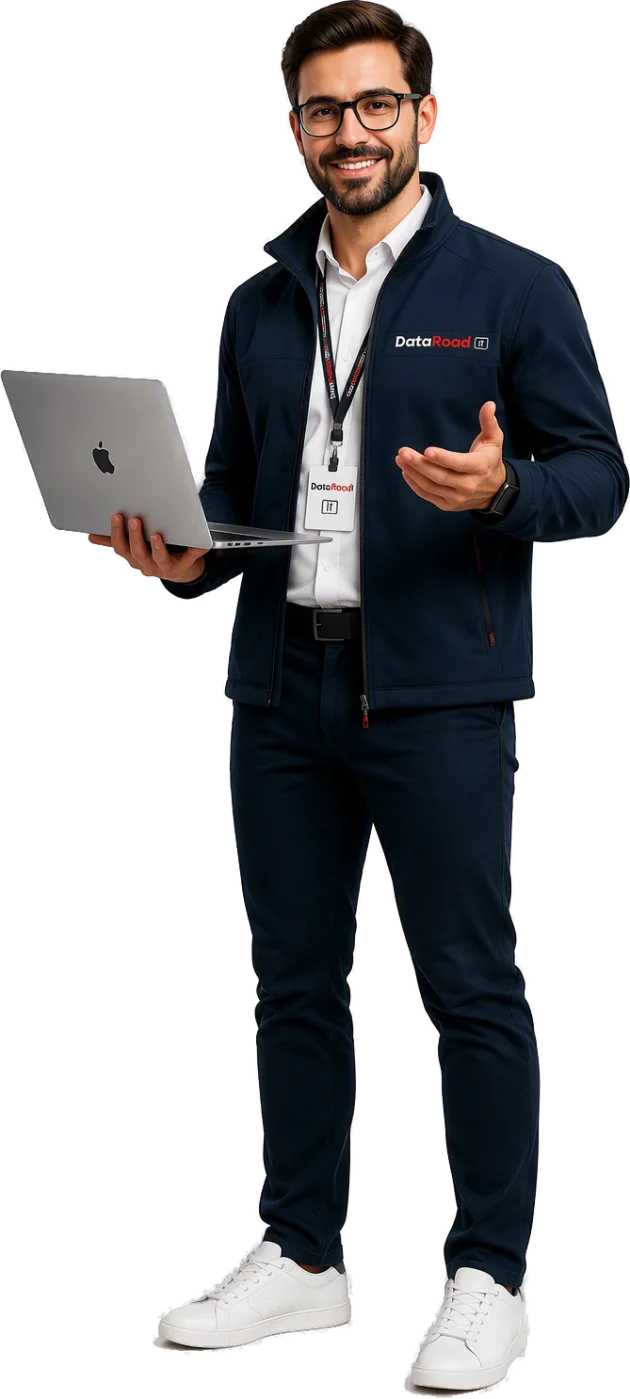 Smiling man in a dark jacket holding a laptop and gesturing as he presents. (Professional tech presenter)